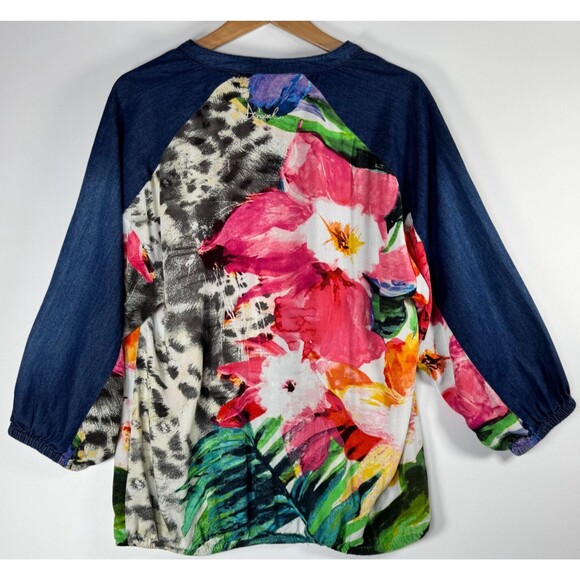 Desigual Blouse Women's Large Floral Abstract Print Boho Artwear Top Blue - Picture 3 of 15
